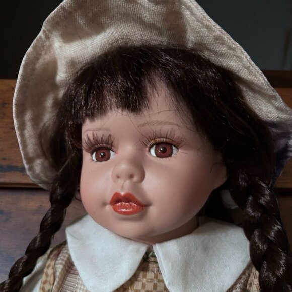Vintage 15.5” Porcelain Girl Doll – Victorian Country Style, Braided Hair, Check - Picture 3 of 11